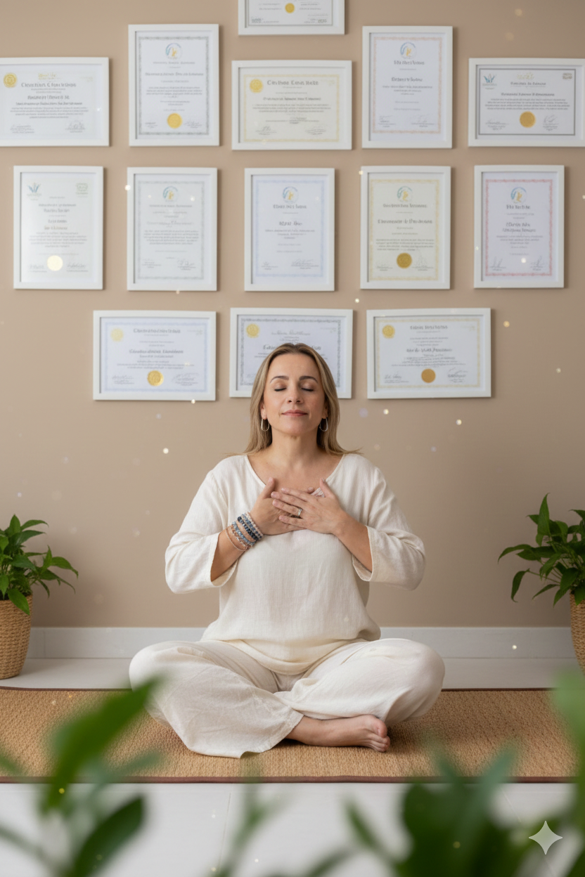 Adriana sentada con las manos sobre el pecho, en un gesto sereno