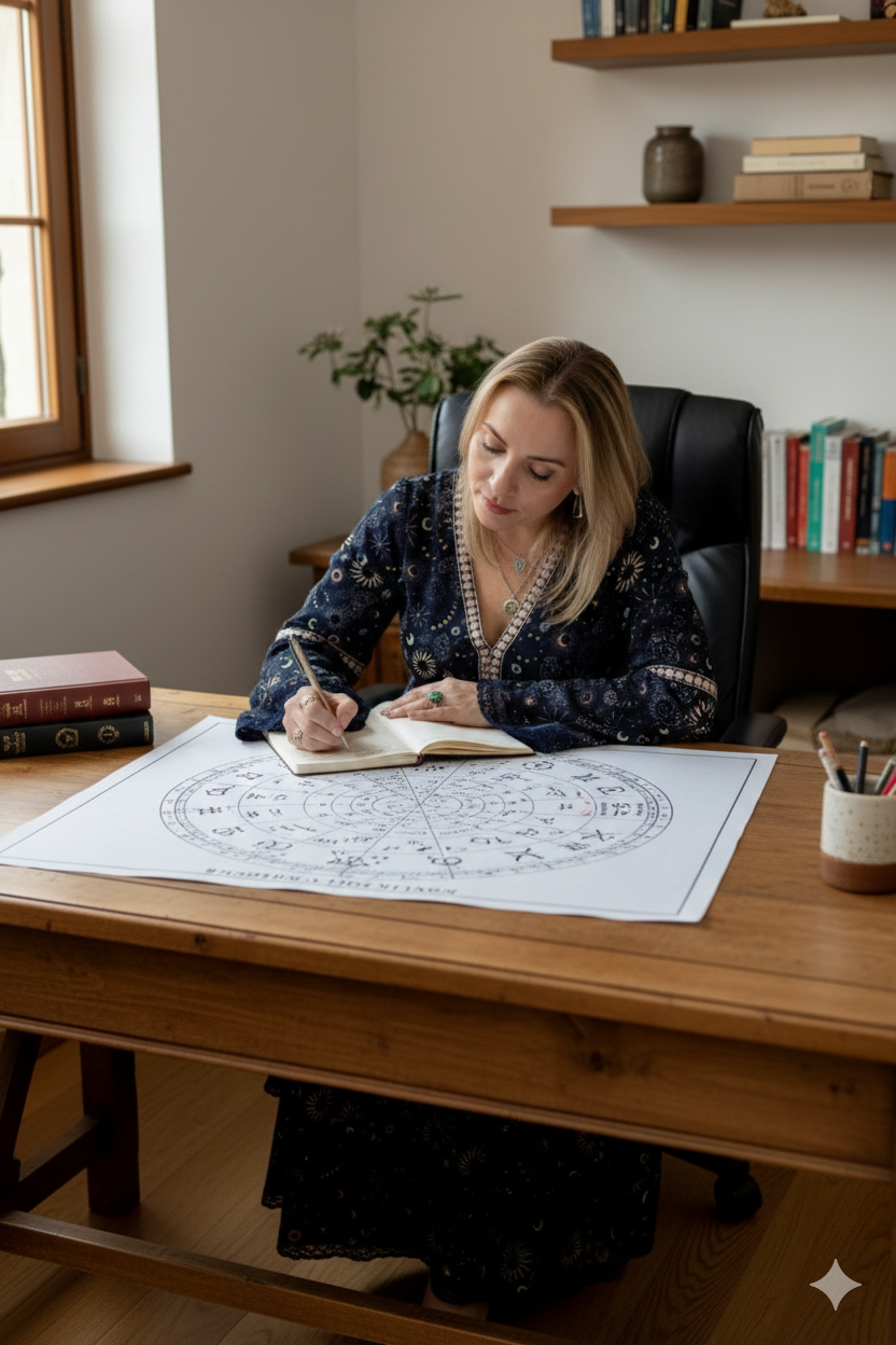 Adriana escribiendo notas sobre una carta natal, en su mesa de trabajo con luz natural