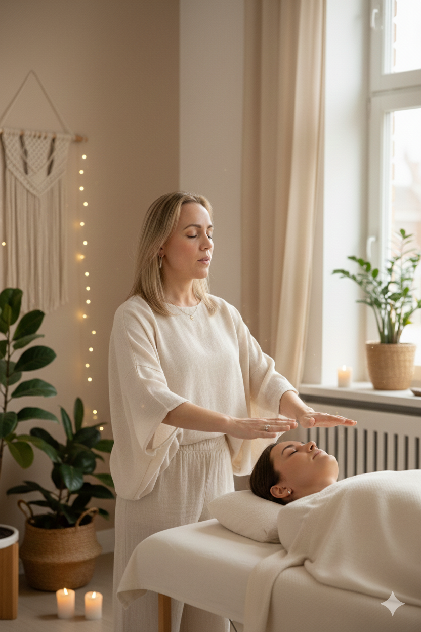 Sesión de Reiki en un espacio luminoso con plantas